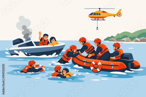 Water Rescue Team Assisting People After a Boat Accident in the Sea with a Helicopter and Inflatable Boat, Emergency First Responders Saving Lives in Ocean, Flat Vector Illustration Scene