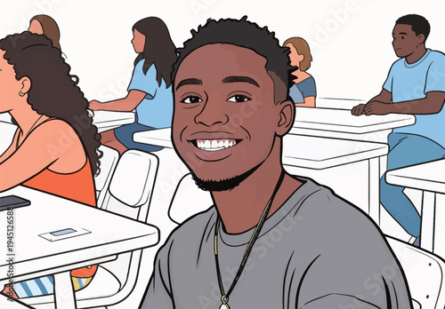 A student sits at a desk in a classroom, smiling while classmates listen to the teacher. The setting shows engagement and learning.