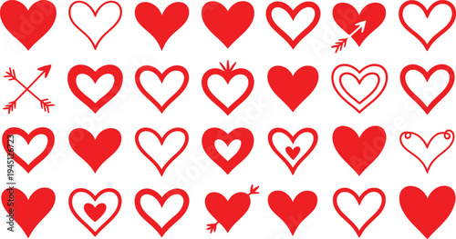Collection of red heart symbols on white background hearts love