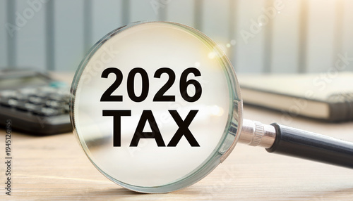 Magnifying Glass Focusing on 2026 Tax Text on Office Desk – Financial and Taxation Concept