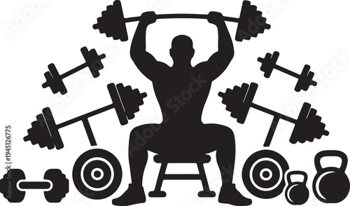 Black silhouette man lifting weights surrounded by gym equipment