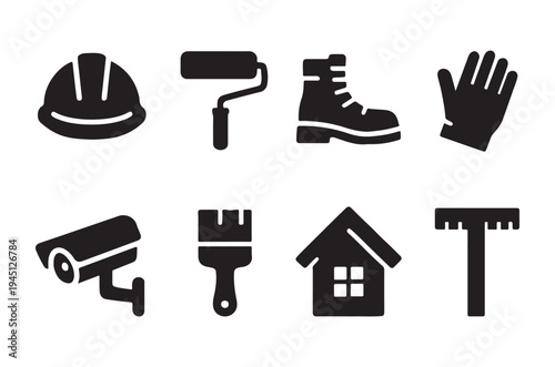 Construction and security tools depicted as simple black glyph icons