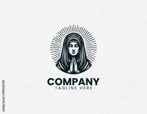 Praying veiled woman with radiant halo in expressive modern black vector illustration style