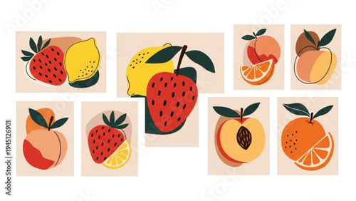 Vibrant illustrations of assorted fruits are displayed in multiple squares.