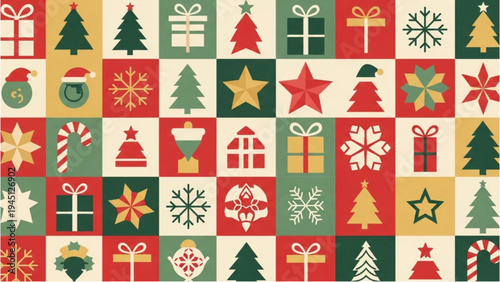 Holiday icons fill the frame with colorful Christmas decorations and gifts