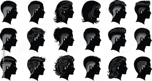 Silhouettes of diverse modern hairstyles showing shaved patterns, curls, waves, straight styles, layered cuts, fashion, vector illustration for design themes