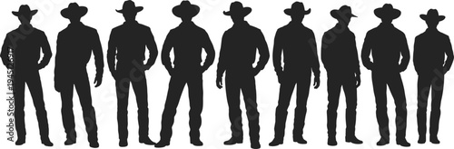 Silhouettes of eight cowboys in hats and western attire standing side by side vector illustration