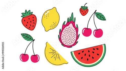 Colorful illustration of various fruits like strawberries, lemons, and cherries