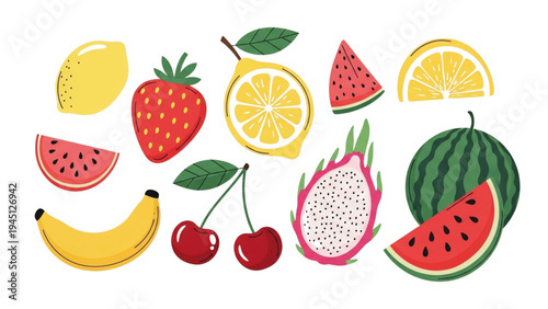 Fresh fruits arranged together on a surface including strawberries and bananas