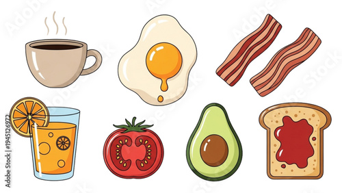 A still life illustration of breakfast foods on a table indoors