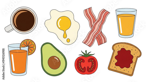 Illustration of breakfast foods including bacon egg toast