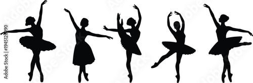 Silhouettes of five ballerinas in various elegant dance positions on white background ballet dancer