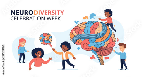 Illustration of diverse children playing around a colorful brain, promoting neurodiversity awareness and acceptance with vibrant, swirling patterns in a celebratory mood on a white