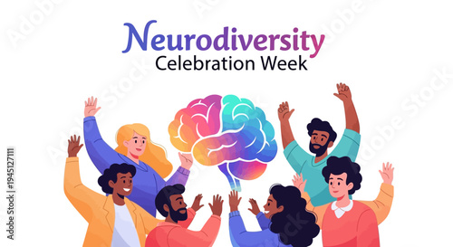 Illustration of diverse people celebrating Neurodiversity Celebration Week with colorful brain vector design.