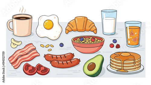 Breakfast scene with food and drinks on a table indoors