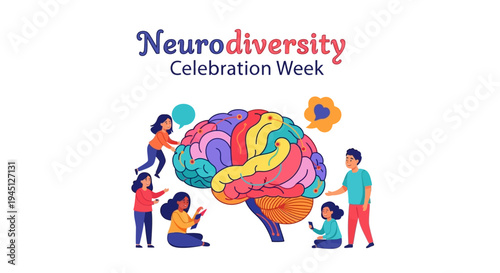 Illustration of people celebrating Neurodiversity Celebration Week with a colorful brain graphic and diverse individuals in a joyful scene.