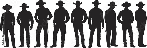 Silhouettes of nine cowboys in hats and western attire standing in a line vector illustration