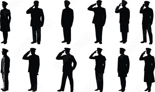Silhouettes of men in military uniforms saluting on a white background salute