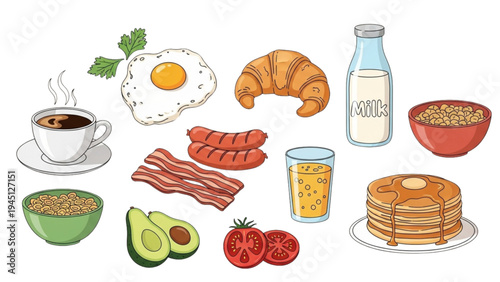 A variety of breakfast foods are arranged on a table indoors.