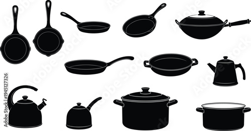 Silhouettes of frying pans, saucepans, kettles, pots with lids, wok, teapot, kitchen cookware collection, cooking utensils, vector illustration, black icons
