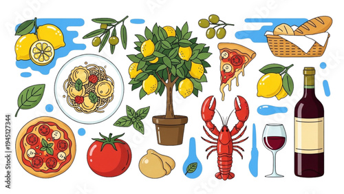 A vibrant still life of a Mediterranean feast featuring pizza, seafood, and wine on a table.