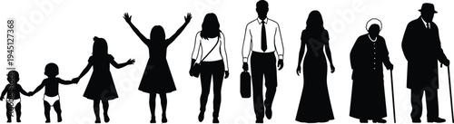 Silhouettes of human life stages, baby to elderly, aging concept, family, generational progression, lifestyle, development, growth, timeline illustration