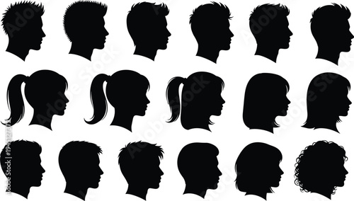 Silhouettes of human head profiles, diverse hairstyles, masculine and feminine features, diversity concept, fashion, identity, lifestyle, design illustration