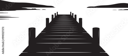 Black silhouette of a dock on a body of water with hills
