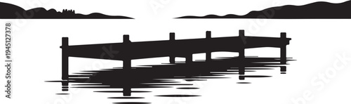 Black silhouette of a dock on water with hills pier