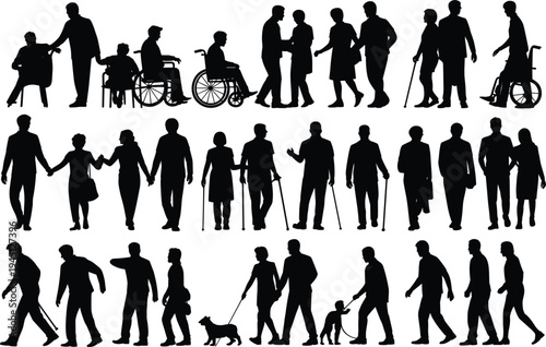 Silhouettes of people walking with and without dogs and in wheelchairs Keywords: silhouette, people, walking, dog, pet