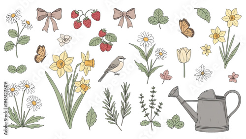 A vibrant illustration of a garden scene with flowers, leaves, strawberries, butterflies, and a bird near a watering can.