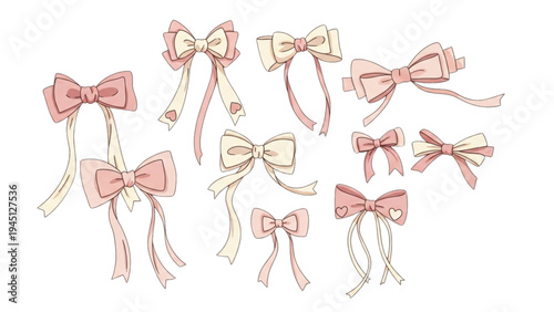 An illustration depicts various pink and cream colored bows tied with ribbons.