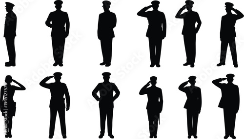 Thirteen black silhouettes of people in military uniform saluting and standing on white background person