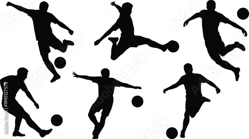 Soccer Player Silhouettes Kicking And Jumping With Ball On White Background football players