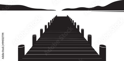 Black silhouette of a long dock with posts extending into water
