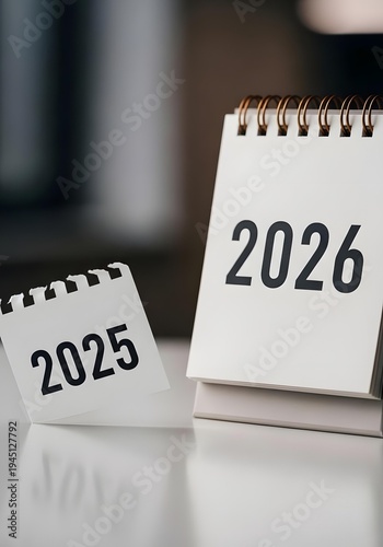 Transition from 2025 to 2026 concept with a desktop calendar showing the new year and a torn off page of the old year on a table surface representing time passing