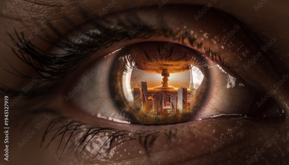 Naklejka premium Extreme Macro Human Eye with Nuclear Explosion Reflection Over City – Global Catastrophe Concept