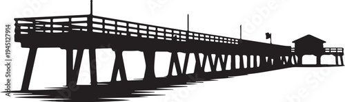 Black silhouette of a long pier with a small building at the end