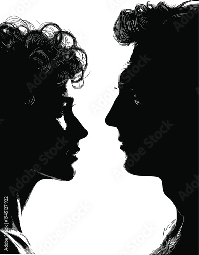 WebRomantic couple silhouette illustration showing man and woman face to face in profile, intimate relationship concept with dramatic black shadow design on white background
