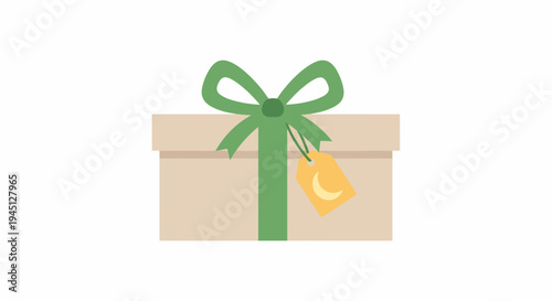 Delightful illustrated gift box adorned with a charming green ribbon and a unique crescent moon tag, perfect for holiday greetings, special occasions, and festive celebrations