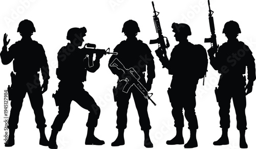 Soldier silhouette illustration, armed forces, military gear, rifles, tactical readiness, combat defense, army personnel, warfare strategy, security operation, vector art design