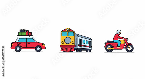 Vibrant vector set featuring diverse transportation methods car for road trips, train for long journeys, and scooter for urban commutes. Ideal for depicting travel and mobility concepts