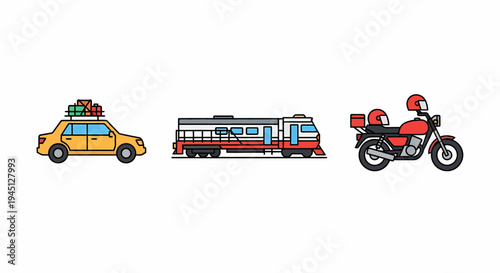 Dynamic collection of simplified vector icons representing essential city and regional transportation. Features a luggage-laden taxi, a passenger train, and a swift delivery motorcycle