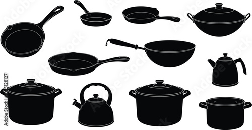 Silhouettes of kitchen cookware, frying pans, saucepans, woks, kettles, pots with handles and lids, vector illustration, black icons, cooking tools