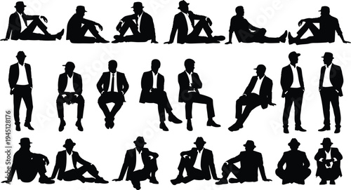 Silhouettes of men in suits and hats, seated and standing poses, fashion concept, lifestyle, posture, design, stylish illustration