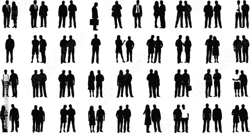 Silhouettes of pairs of people standing together, diverse poses, interactions, conversations, human body language, vector illustration for design themes
