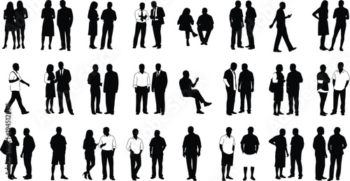 Silhouettes of people standing, walking, talking, sitting, casual and business attire, social interaction, companionship, lifestyle, diversity, posture illustration