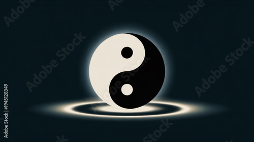 Glowing yin yang symbol on dark background with radiant light effect
