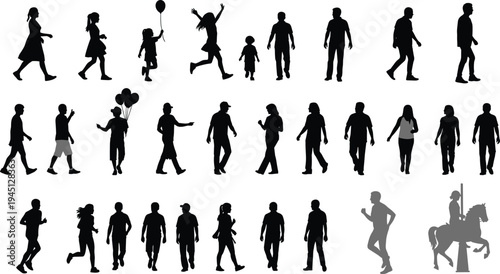 Silhouettes of people walking, running, standing, holding balloons, interacting with children, horse rider with lance, vector illustration, black icons