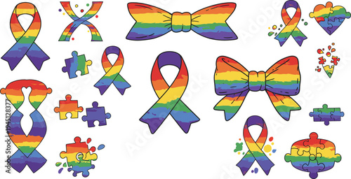 Rainbow colored awareness ribbon and bow icons in various shapes and sizes on white background for support and diversity